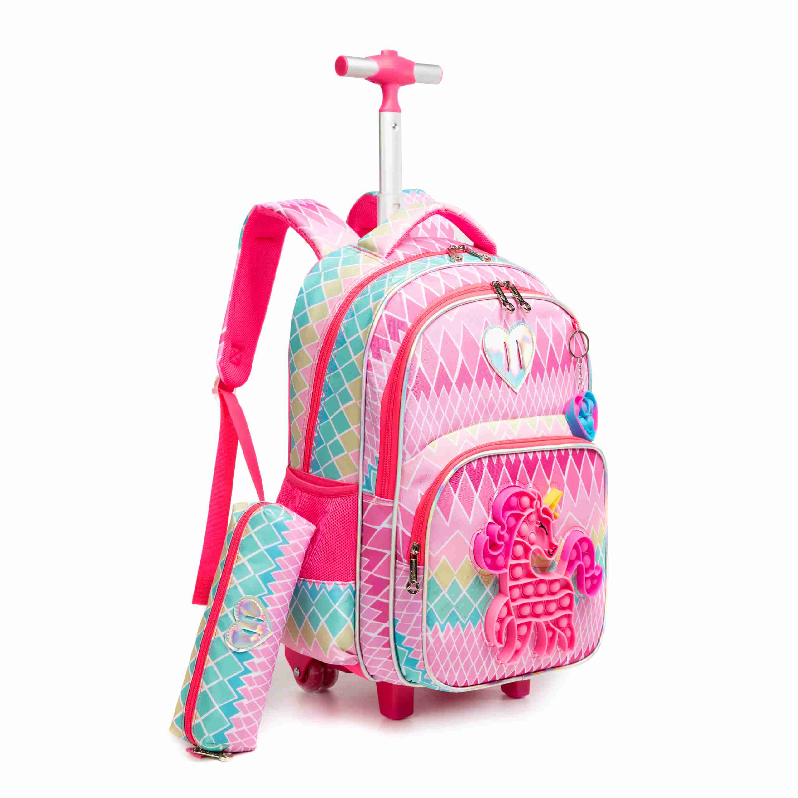 T 3 Cute Unicorn Rolling Backpack with Wheels for Elementary Kids Pink 4