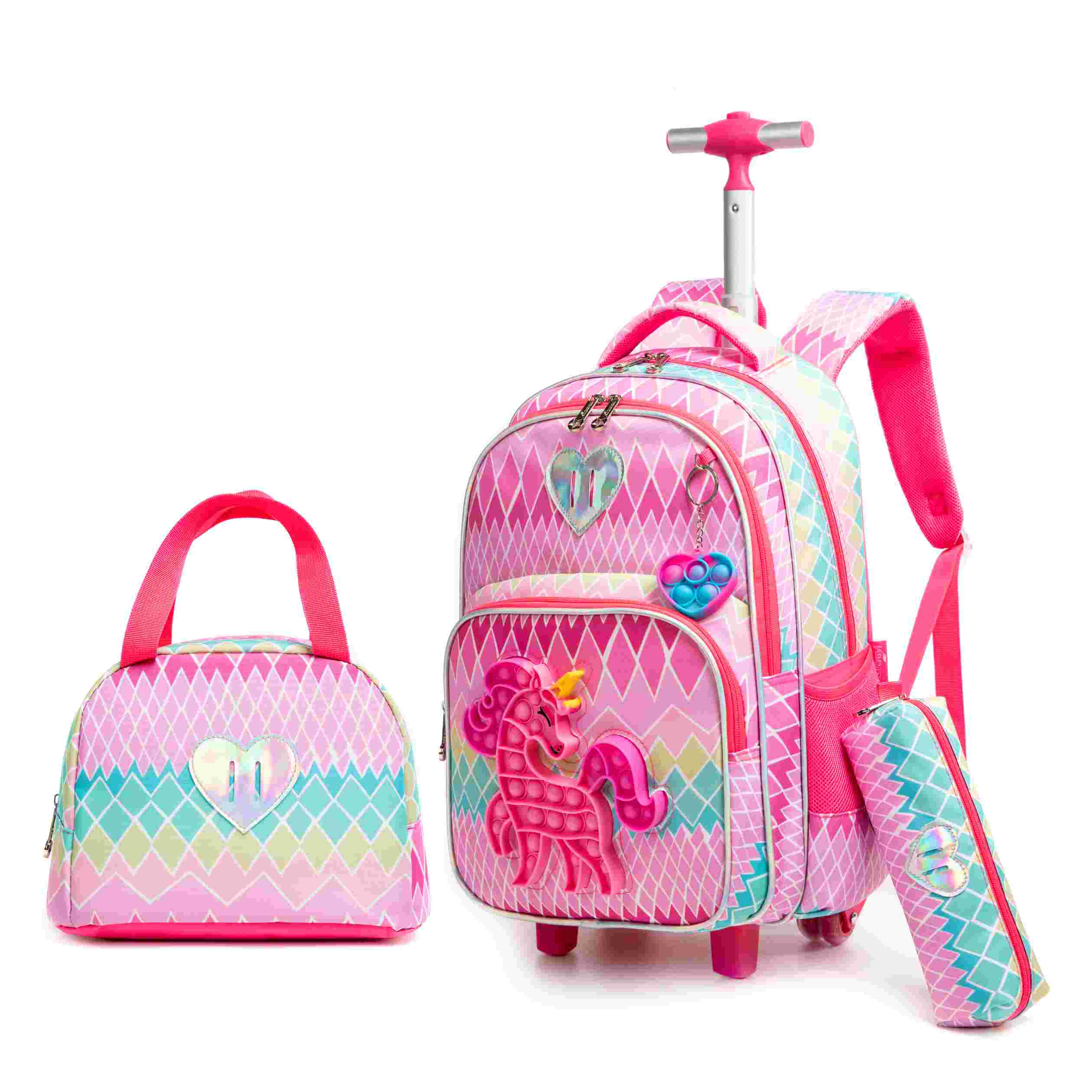 T 3 Cute Unicorn Rolling Backpack with Wheels for Elementary Kids Pink 6
