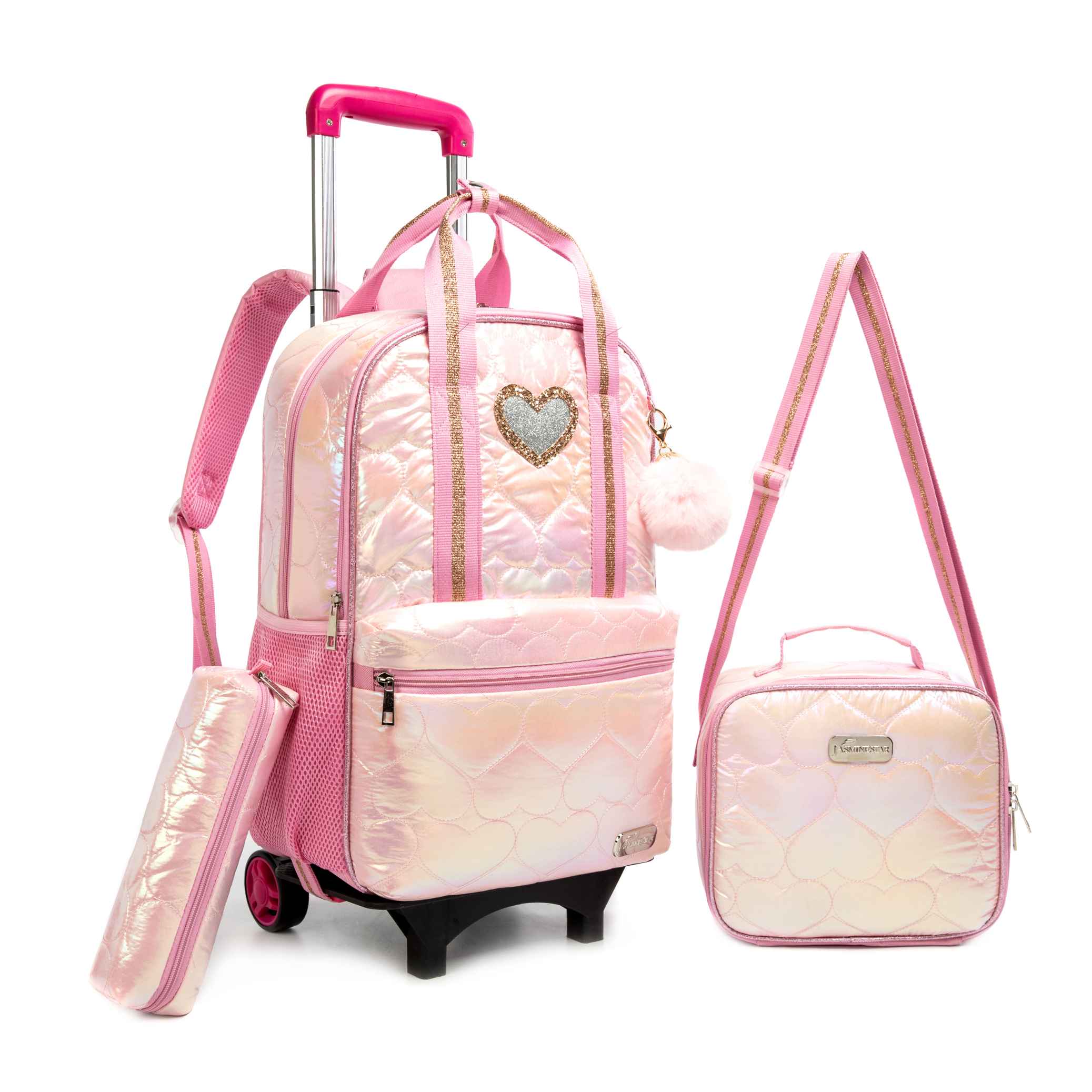 T 3 Girls Pink Rolling Backpack with Wheels 3