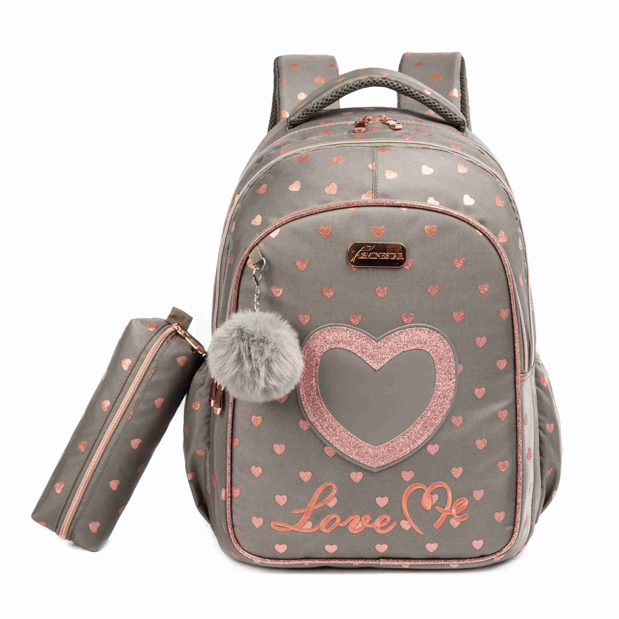  3 Grey Love Heart Backpack Student Kids 2