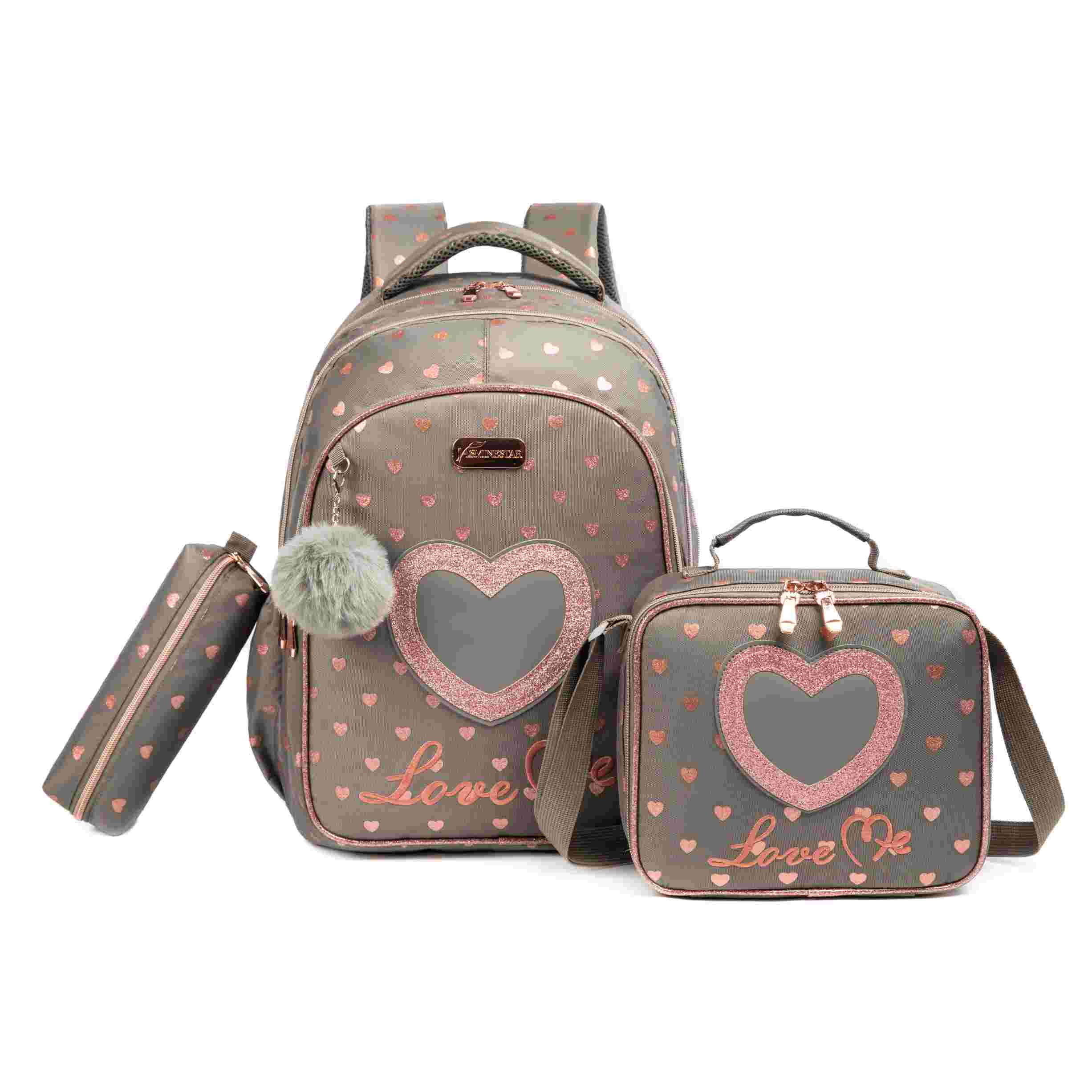  3 Grey Love Heart Backpack Student Kids 3