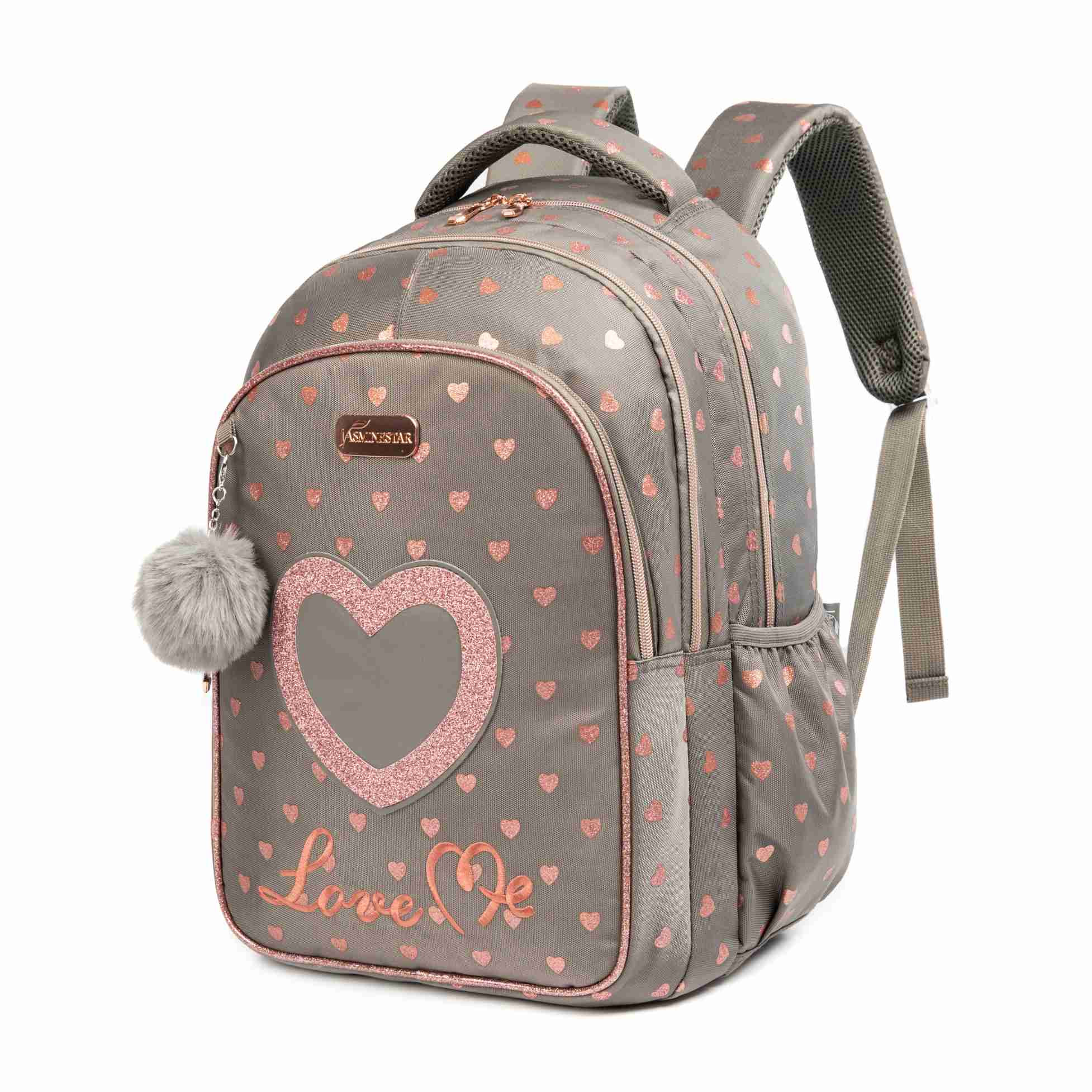  3 Grey Love Heart Backpack Student Kids 5