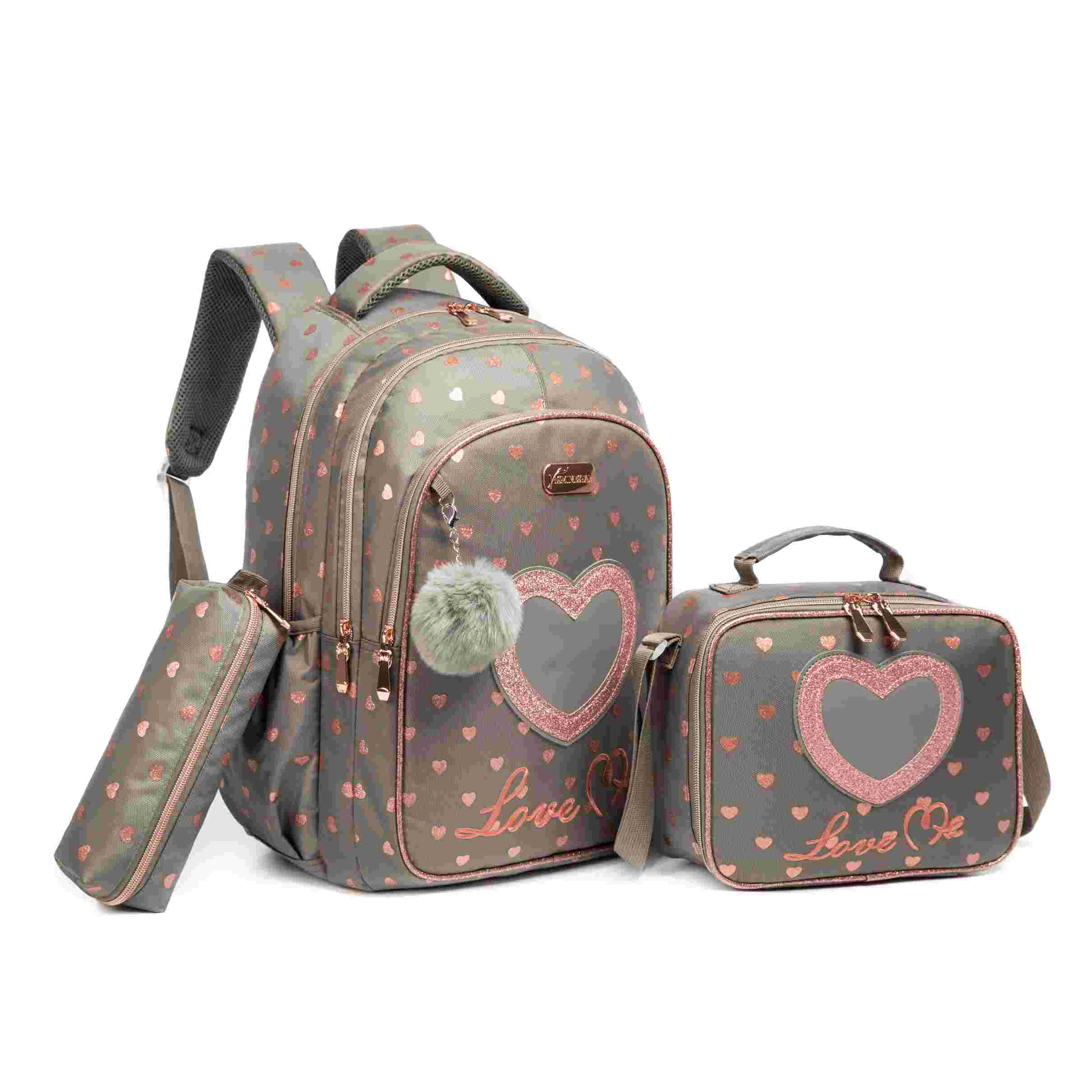  3 Grey Love Heart Backpack Student Kids 6