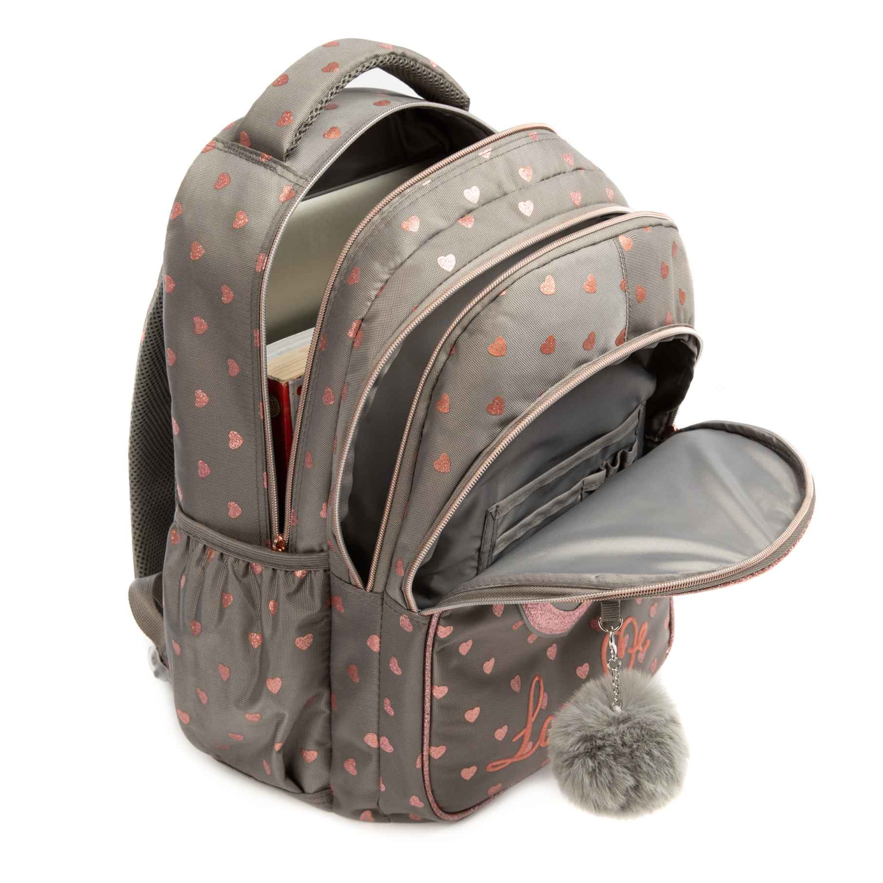  3 Grey Love Heart Backpack Student Kids 8