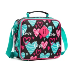 Colorful heart-patterned insulated lunch bag with teal strap. Custom kids' lunch bag by a professional OEM Manufacturer.