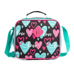 Front view of a heart and 'love' print lunch bag. Custom lunch box manufactured by a top Backpack Supplier.
