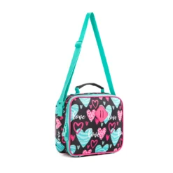 Heart print lunch bag with a long teal shoulder strap. Functional kids' bag from a custom Backpack Manufacturer.