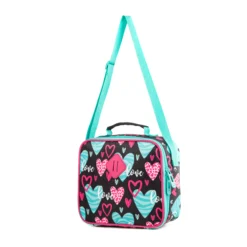 Side view of a heart pattern lunch bag with shoulder strap. Kids' school essentials by a Backpack OEM Manufacturer.