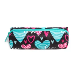 Front view of a heart pattern pencil pouch with zipper. School stationery supply by a Backpack Manufacturer.