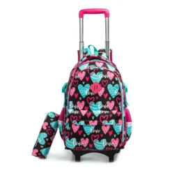 Rolling backpack with extendable handle and matching pencil case. School bag combo from a Custom Backpack Supplier.