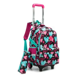Side view of a rolling backpack with handle and matching pencil case. Durable school gear from a leading Manufacturer.