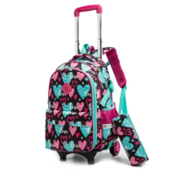 Rolling backpack with extended handle and hanging pencil case. OEM manufacturing of premium school backpacks.