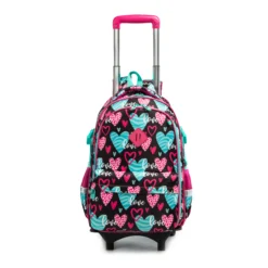 Front view of a standing rolling backpack with a telescopic handle. School rolling bag by a Backpack Manufacturer.