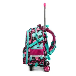 Side profile of a rolling backpack showing wheels, mesh pocket, and straps. Functional design by a Custom Backpack Supplier.