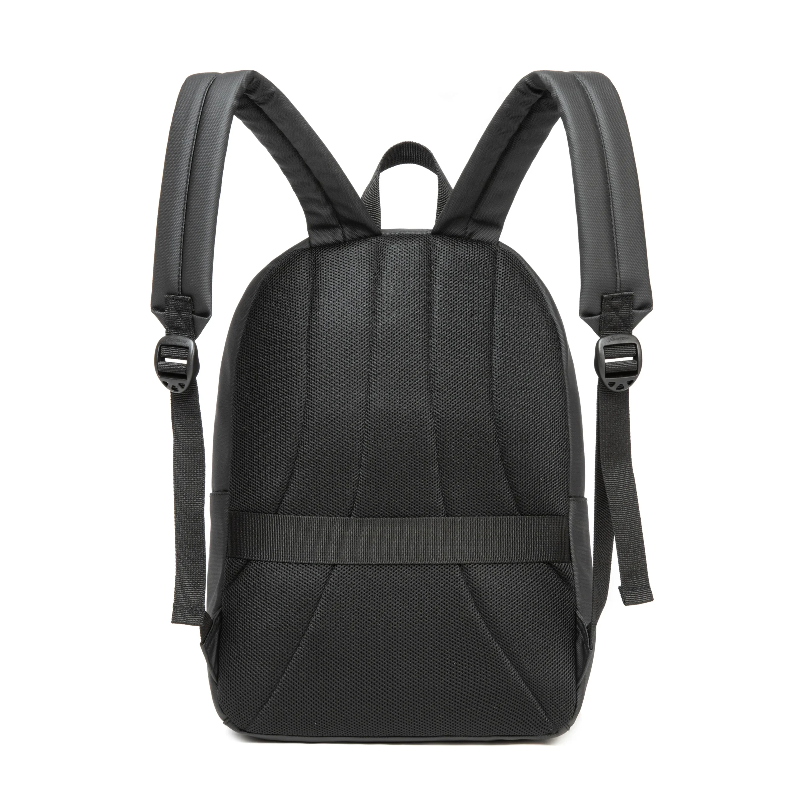 Back view of a black waterproof backpack with a breathable mesh panel and padded straps. Custom outdoor backpack by a professional Backpack Manufacturer.
