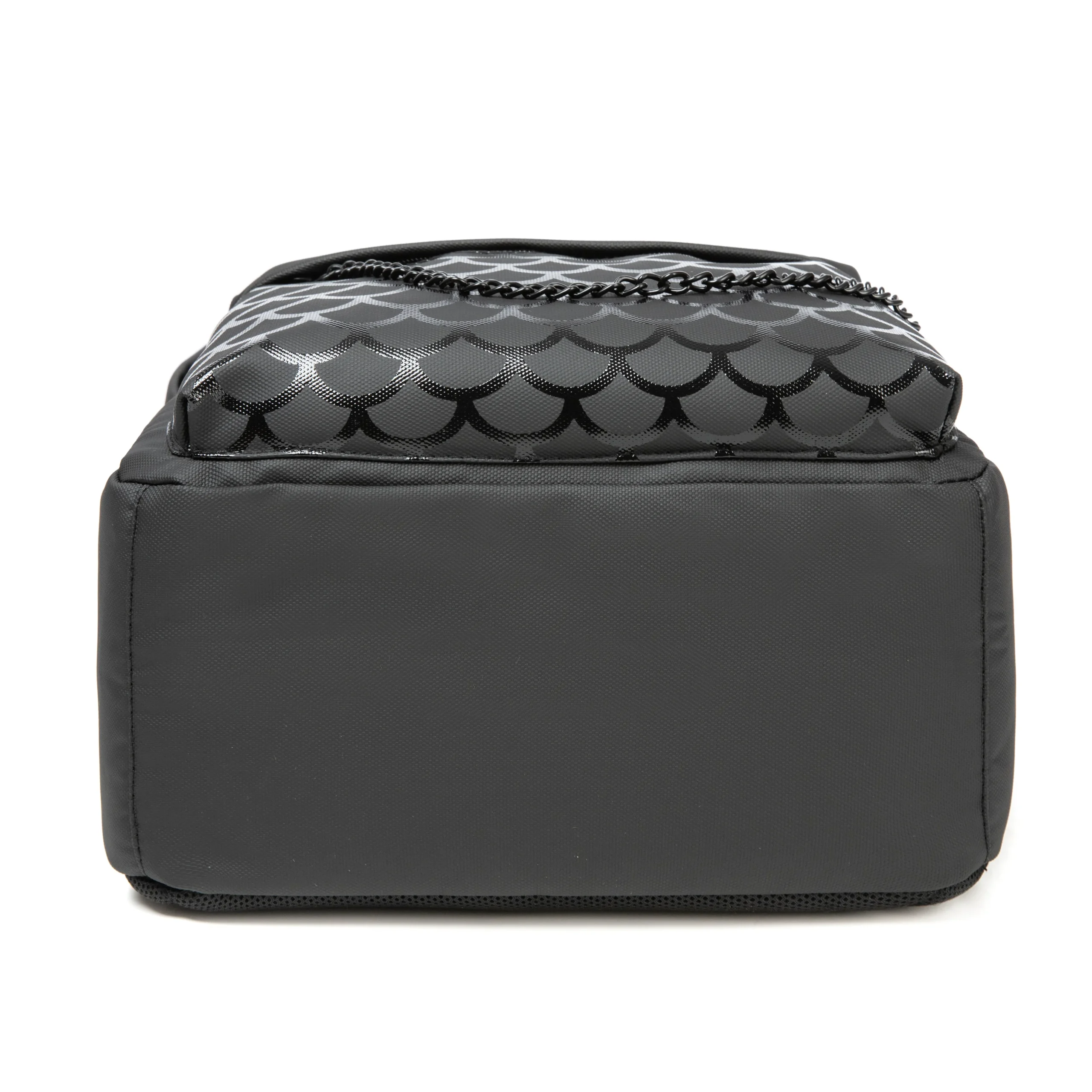 Bottom view of a black waterproof backpack featuring a glossy scale-pattern panel. Durable bag base by a Backpack Supplier.