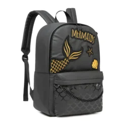 Angled view of a black backpack with gold 'MERMAIDS' embroidery, a mermaid tail patch, and chain detail. Trendy bag by a Custom Backpack Manufacturer.