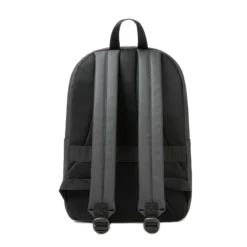 Full back view of a black waterproof backpack showing padded straps and breathable mesh. Ergonomic school bag by a leading Backpack Manufacturer.