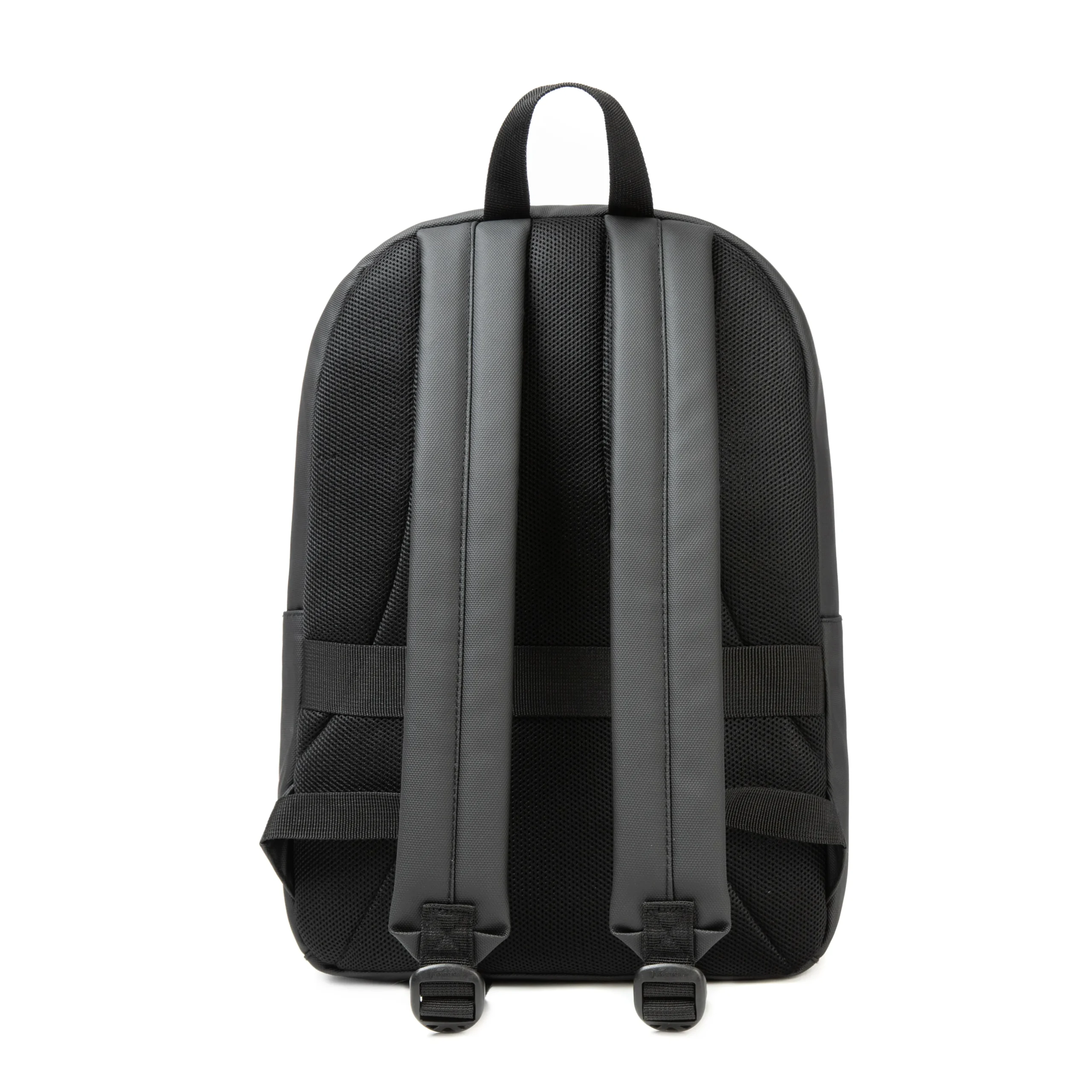 Full back view of a black waterproof backpack showing padded straps and breathable mesh. Ergonomic school bag by a leading Backpack Manufacturer.