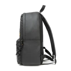 Side view of a sleek black waterproof backpack showing its large capacity and structured shape. Spacious bag by a Backpack Supplier.