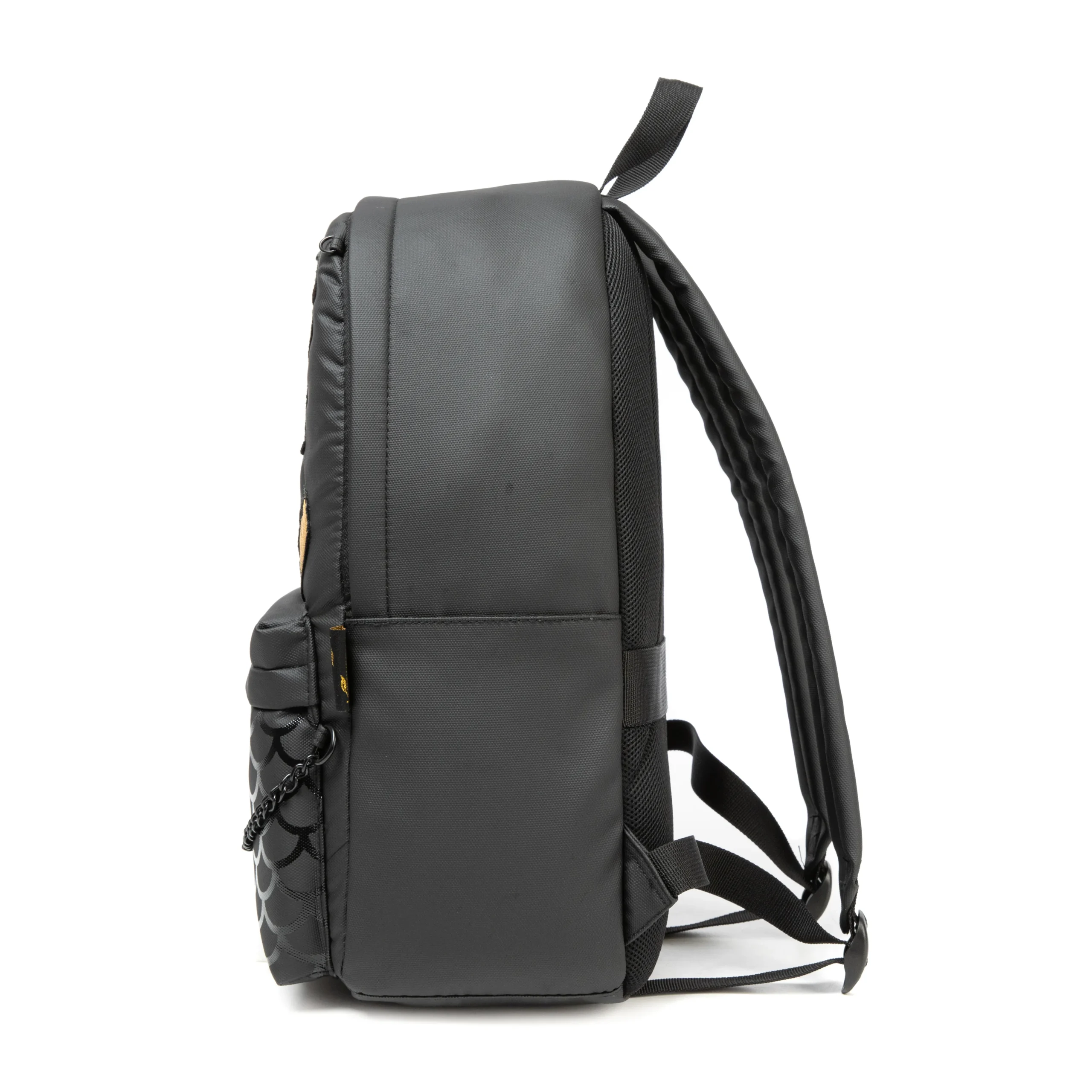 Side view of a sleek black waterproof backpack showing its large capacity and structured shape. Spacious bag by a Backpack Supplier.