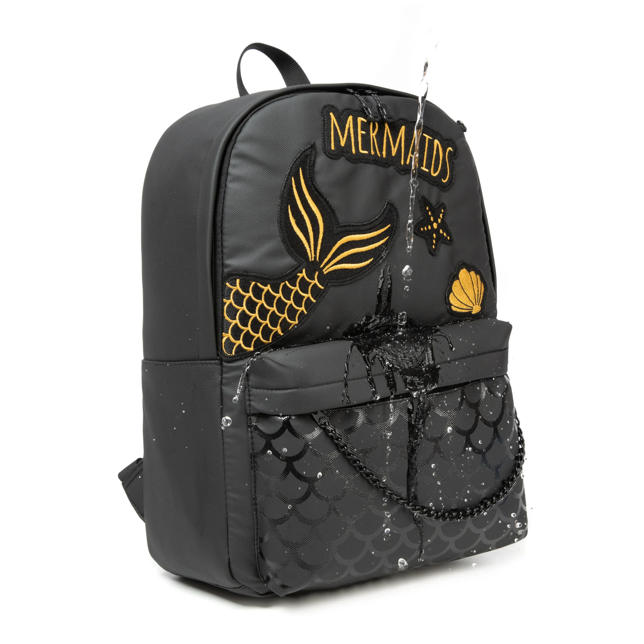 Water splashing onto a black waterproof backpack demonstrating its water-resistant fabric. Quality test by a professional Backpack Manufacturer.