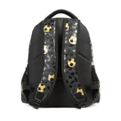 Full back view of a black and gold soccer backpack showing wide padded straps with soccer patterns and a breathable mesh back. Trendy school bag by a Backpack Supplier.