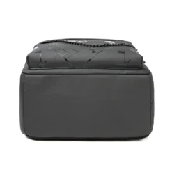 Bottom view of a black waterproof backpack showcasing a glossy football pattern overlay. Durable bag base by a Backpack Supplier.