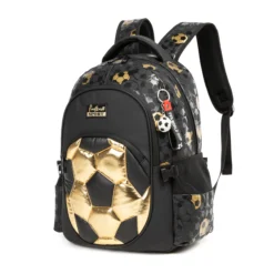 Slanted front view of a cool sports backpack featuring a 3D gold soccer ball pocket, a woven logo patch, and FIFA World Cup keychains. Premium school bag by a Backpack Manufacturer.