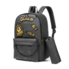 Black sports backpack with soccer patches alongside a matching solid black pencil case. Full school set by a Backpack Manufacturer.