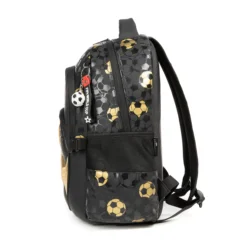 Side view of a black and gold soccer backpack showing a side mesh pocket, zipper, and the FIFA keychain. Practical school bag by a Custom Backpack Manufacturer.