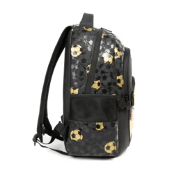Side profile of a black and gold soccer backpack showing its structural depth, glossy fabric, and side pocket. High-density fabric bag by a Backpack OEM Supplier.