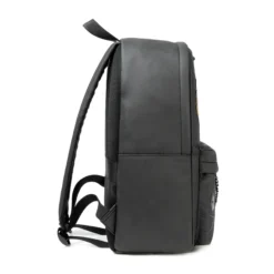 Side view of a sleek black waterproof sports backpack showing its large capacity. Spacious bag by a leading Backpack Supplier.