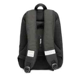 Back view of a tactical all-black backpack with thick breathable mesh padding and safety reflectors. Custom urban backpack by a professional Backpack Manufacturer.