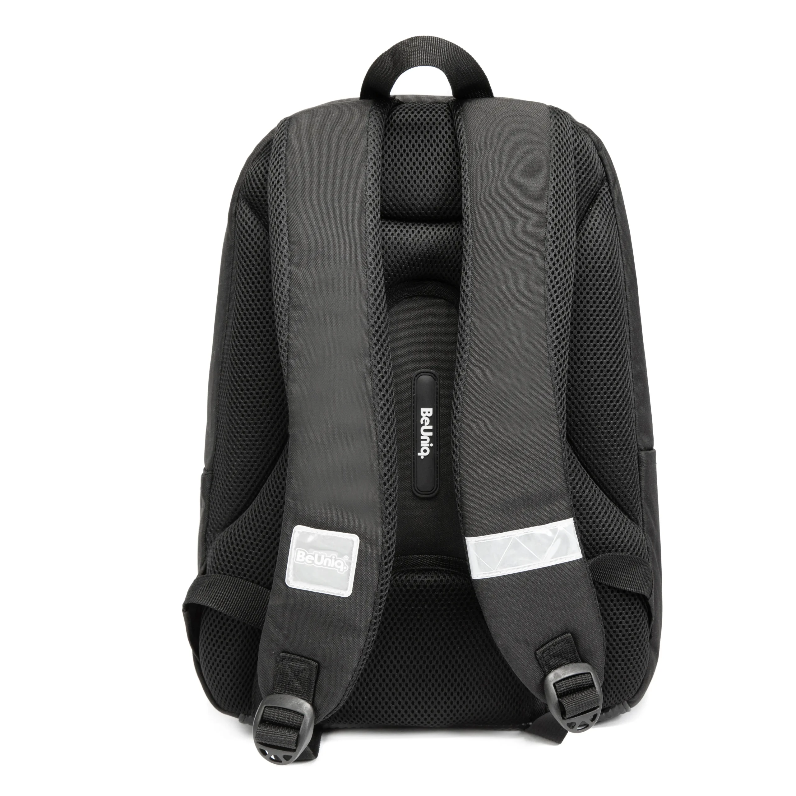 Back view of a tactical all-black backpack with thick breathable mesh padding and safety reflectors. Custom urban backpack by a professional Backpack Manufacturer.