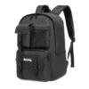 Slanted view of a solid black tactical backpack featuring a large flap pocket, side mesh pouch, and multiple zippered compartments. Functional commuter bag by a Backpack Supplier.