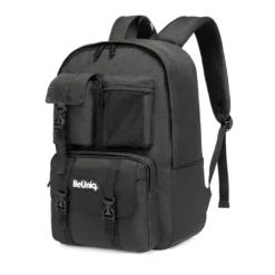 Slanted view of a solid black tactical backpack featuring a large flap pocket, side mesh pouch, and multiple zippered compartments. Functional commuter bag by a Backpack Supplier.