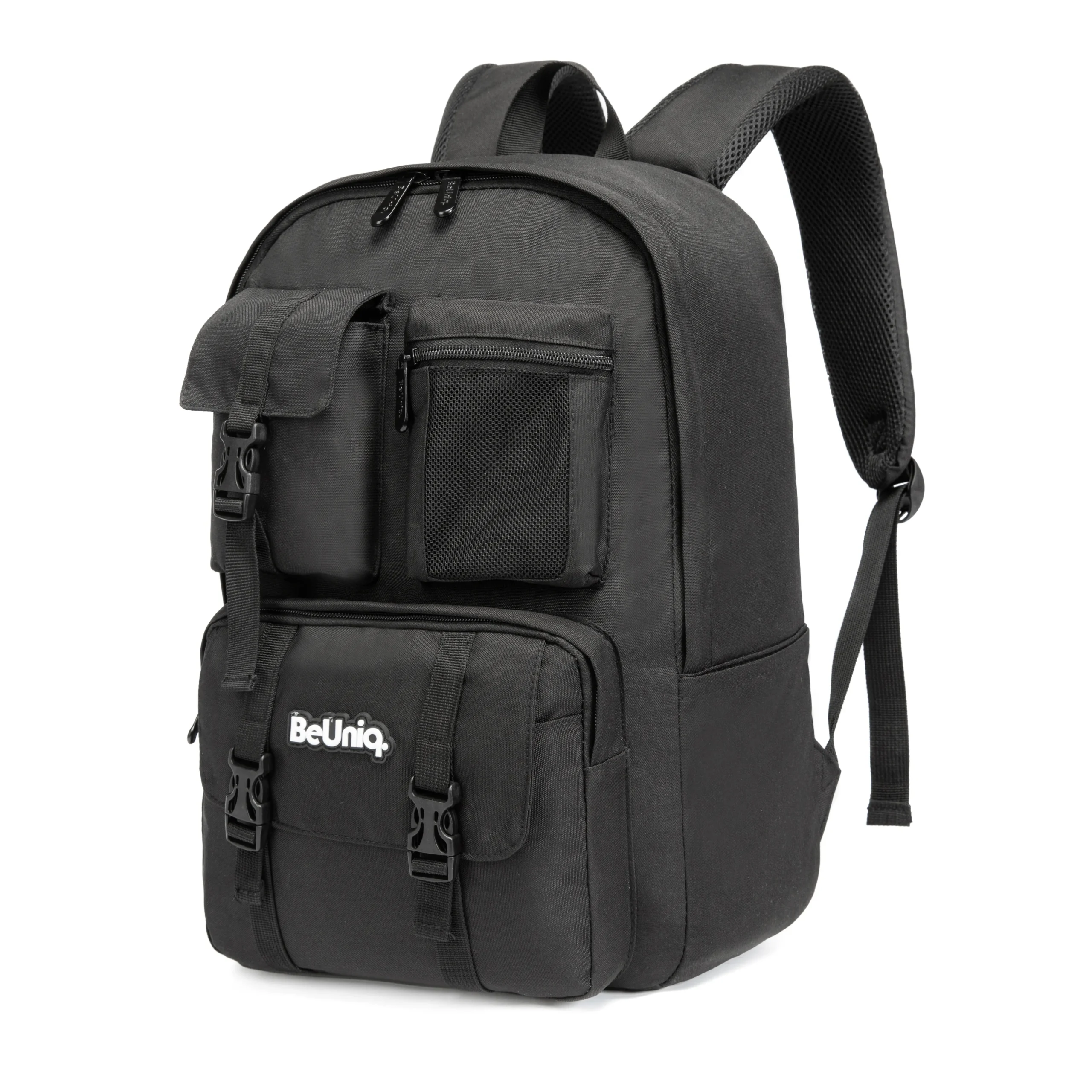 Slanted view of a solid black tactical backpack featuring a large flap pocket, side mesh pouch, and multiple zippered compartments. Functional commuter bag by a Backpack Supplier.