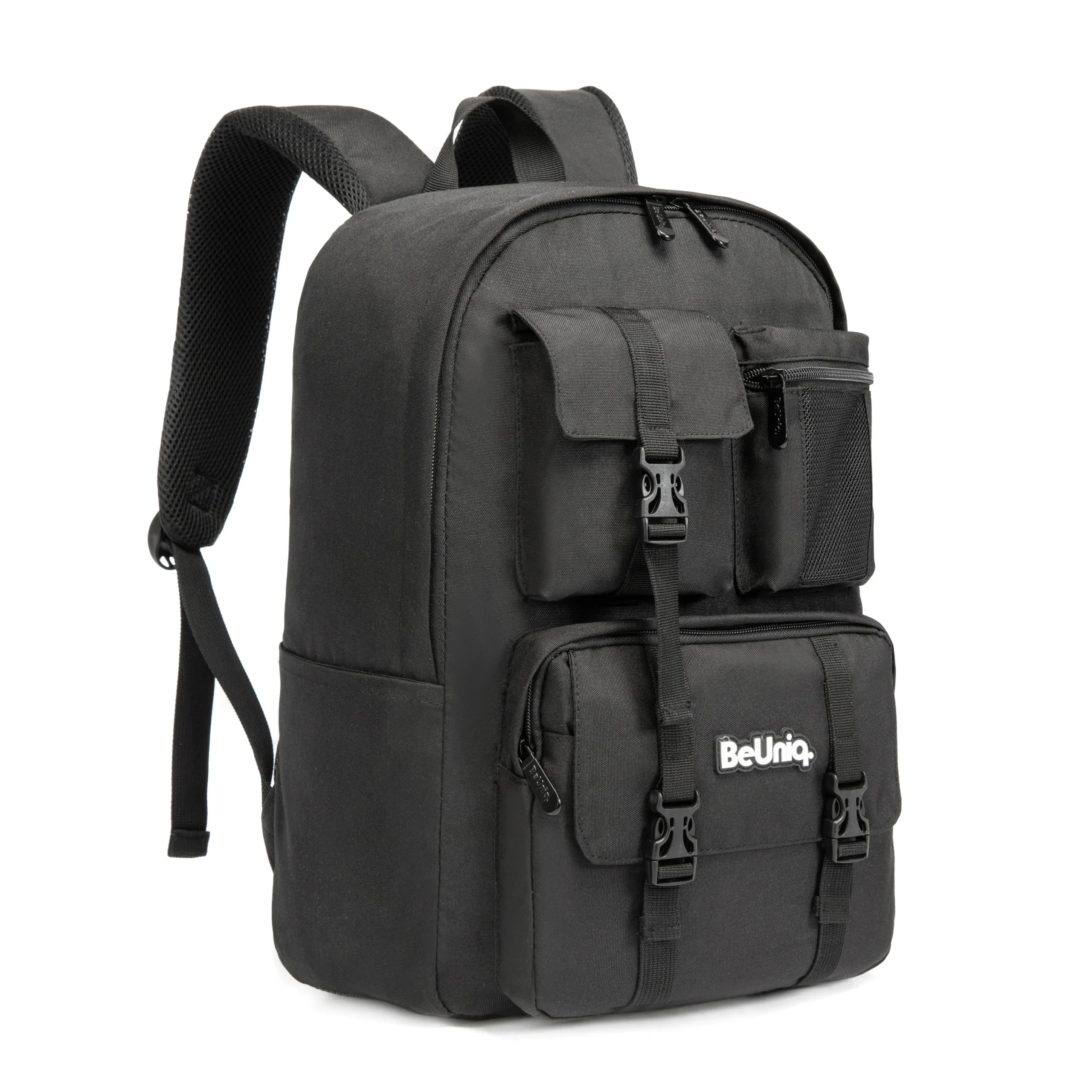 3D angled view of a black tactical backpack highlighting the 'BeUniq' rubber logo patch and the side zippered mesh pocket. Trendy daily commuter bag by a Custom Backpack Manufacturer.