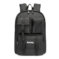 Front view of a tactical all-black backpack showcasing its diverse front pocket configuration, including mesh, flap, and buckle pockets. Versatile school bag by a leading Backpack Supplier.