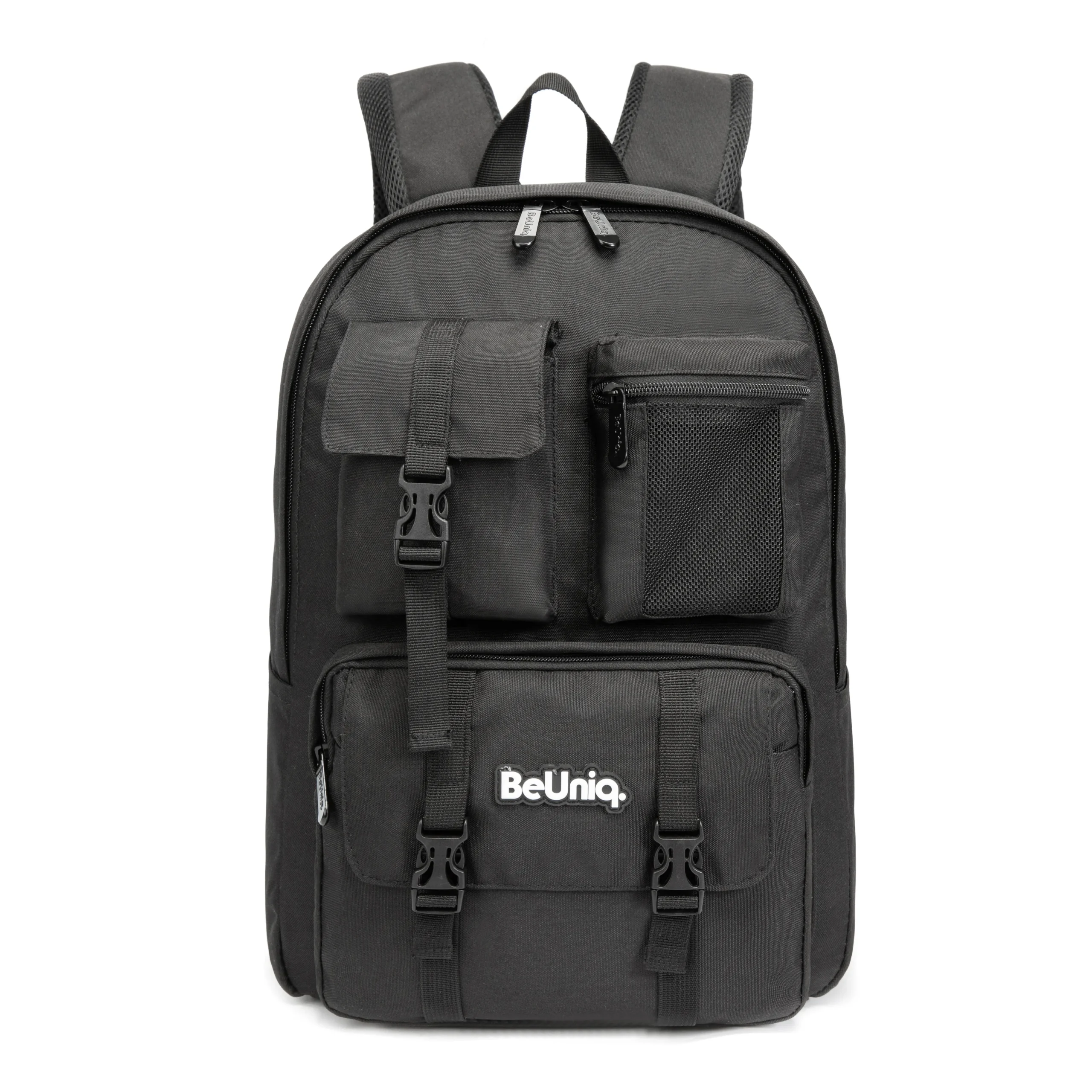 Front view of a tactical all-black backpack showcasing its diverse front pocket configuration, including mesh, flap, and buckle pockets. Versatile school bag by a leading Backpack Supplier.