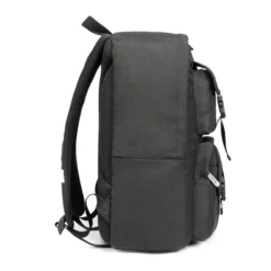 Side profile of a tactical black backpack showing its structural depth, padded strap, and a safety reflective strip. High-density fabric urban bag by a Backpack OEM Supplier.