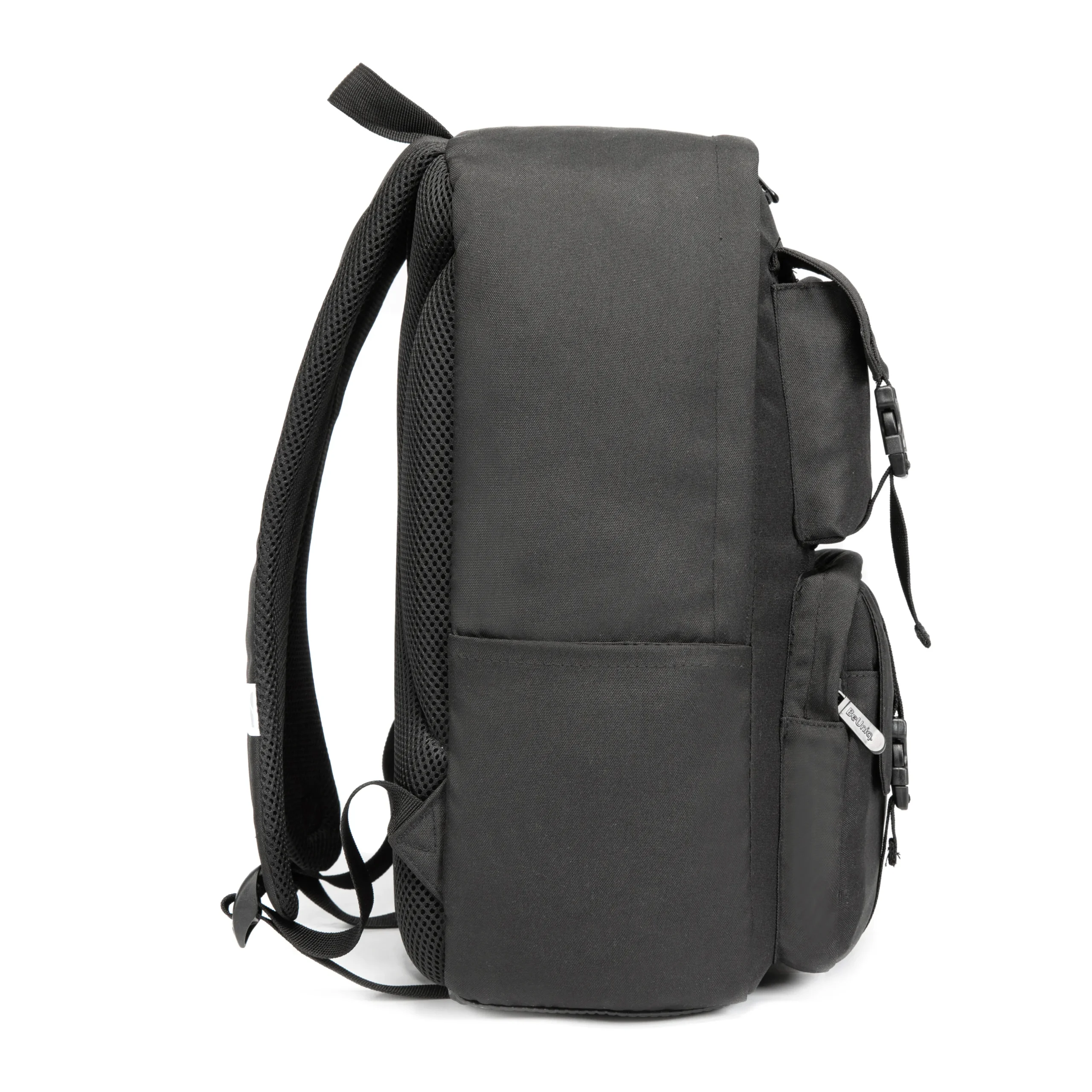 Side profile of a tactical black backpack showing its structural depth, padded strap, and a safety reflective strip. High-density fabric urban bag by a Backpack OEM Supplier.