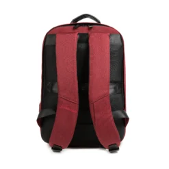 Full back view of a burgundy minimalist backpack with thick air-mesh padding, padded straps, and an embossed leather logo patch. High-end commuter bag by a Backpack Supplier.