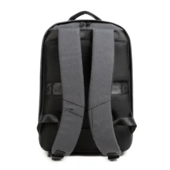 Full back view of a dark grey minimalist backpack with thick air-mesh padding, padded straps, and an embossed leather logo patch. High-end commuter bag by a Backpack Supplier.