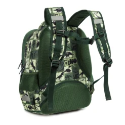 Side-back view of a green dinosaur print school backpack with padded straps and mesh side pockets. Custom kids' bag by a professional Backpack Manufacturer.