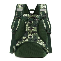 Full back view of a green dinosaur backpack showing thick air-mesh padding and chest buckle. Comfortable school bag by a Backpack Supplier.