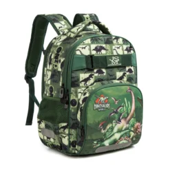 Slanted view of a green dinosaur backpack with a large front pocket and 