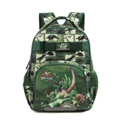 Front view of a green dinosaur theme backpack with logo patch. High-quality kids' backpack by a leading Backpack Manufacturer.