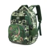Angled view of a green dinosaur backpack showing the side mesh pocket and main compartments. Spacious backpack by a Backpack Manufacturer.